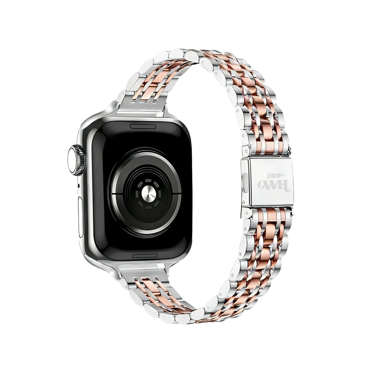 Steel Strap 'Slim', silver/rose gold, on a watch, 3/4 rear view