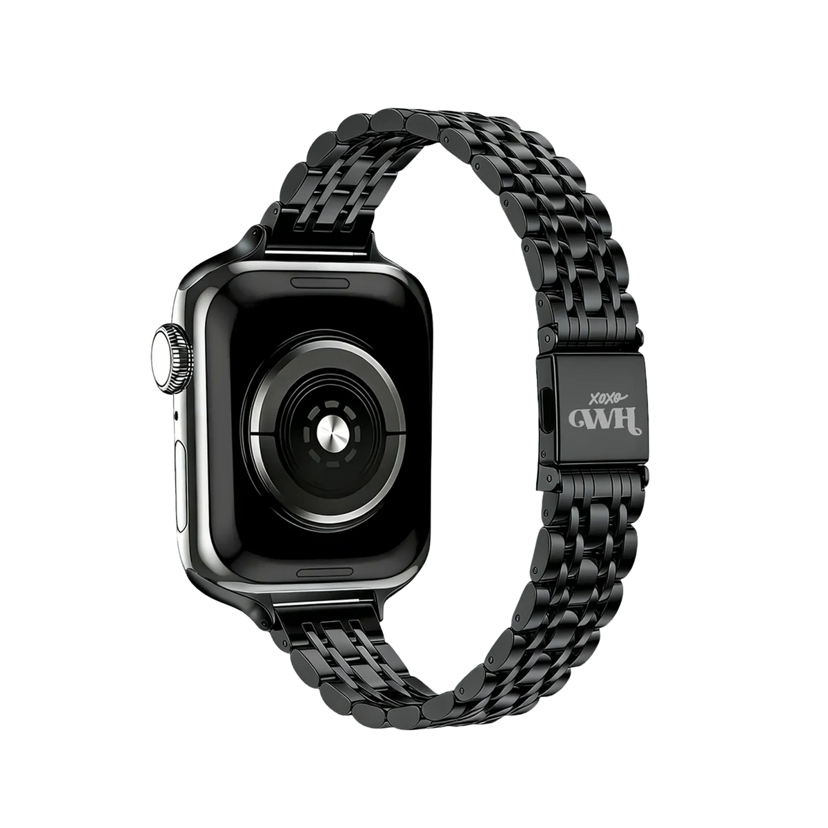 Steel Strap 'Slim', black, on a watch, 3/4 rear view