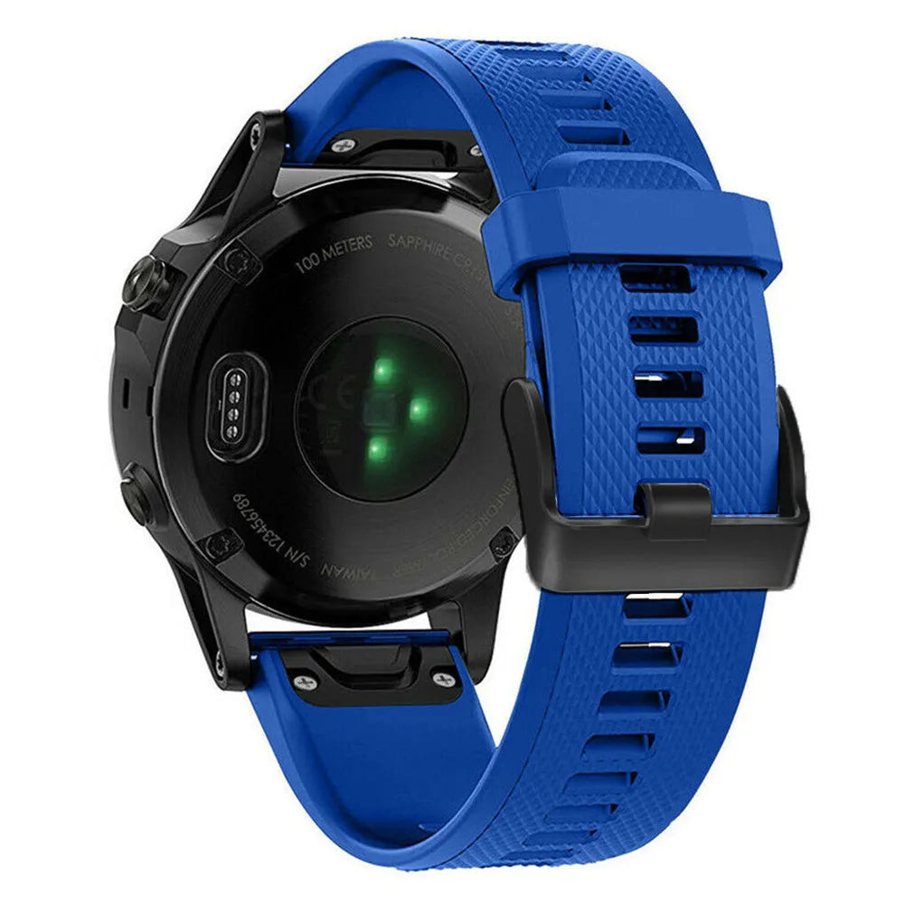 Silicone Strap, blue, on a watch, 3/4 rear view