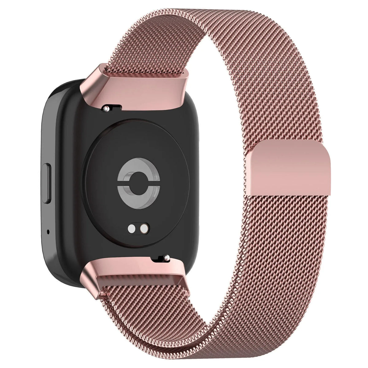 Milanese Strap, pink, on a watch, 3/4 rear view