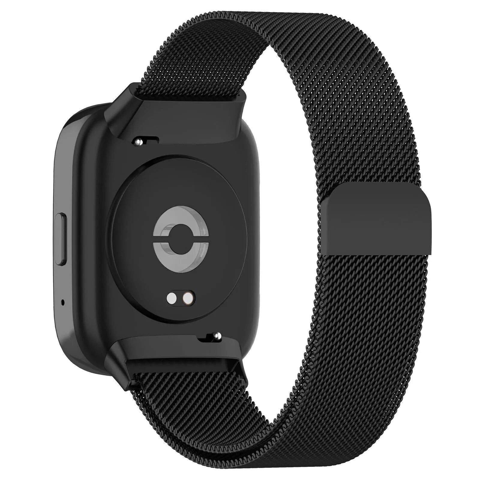 Milanese Strap, black, on a watch, 3/4 rear view