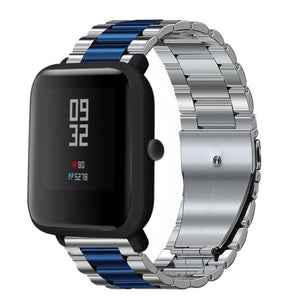 Steel Strap, silver/blue, on a watch, 3/4 rear view