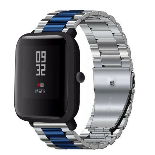 Steel Strap, silver/blue, on a watch, 3/4 rear view