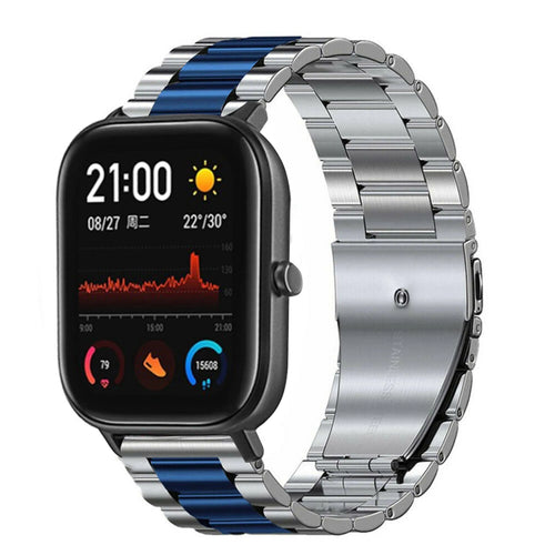 Steel Strap, silver/blue, on a watch, 3/4 rear view