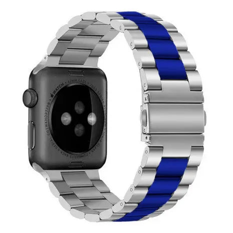 Steel Strap, silver/blue, on a watch, 3/4 rear view