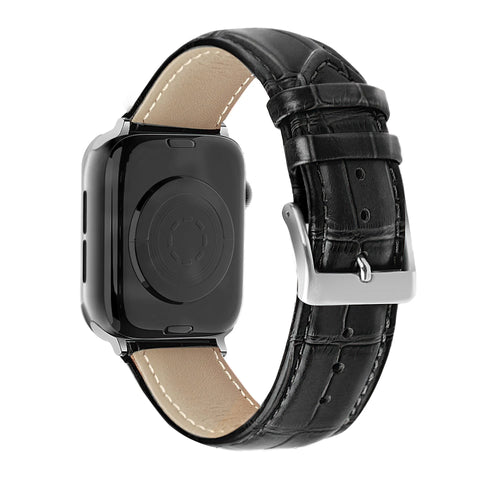 Leather Strap Crocodile Grain, black, on a watch, 3/4 rear view