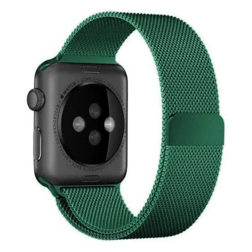 Milanese Strap, green, on a watch, 3/4 rear view