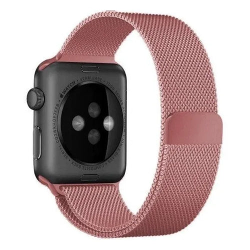Milanese Strap, pink, on a watch, 3/4 rear view