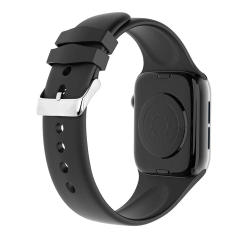 Silicone Strap with Buckle, black, on a watch, 3/4 rear view