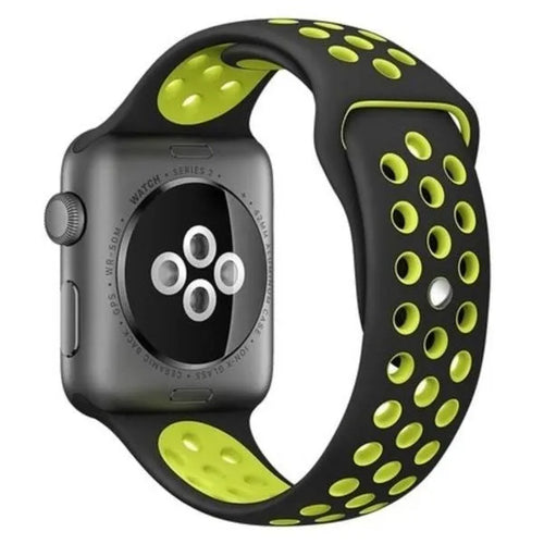 Silicone Sport Strap, black/yellow, on a watch, 3/4 rear view