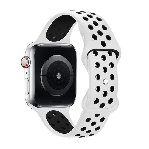 Silicone Sport Strap, white/black, on a watch, 3/4 rear view