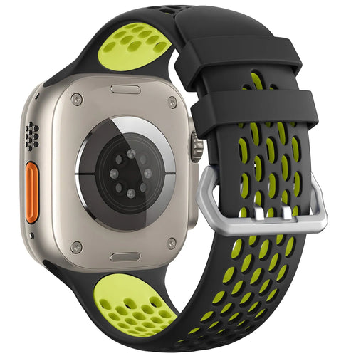 Silicone Buckled Sport Strap, black/yellow, on a watch, 3/4 rear view
