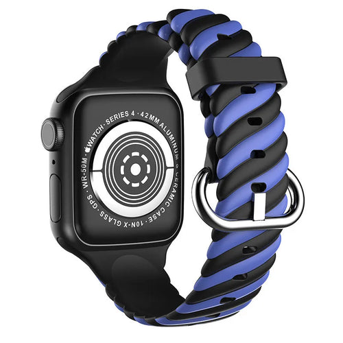Twisted Silicone Strap, black/blue, on a watch, 3/4 rear view