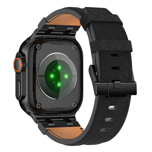 Denim Leather Strap, black, on a watch, 3/4 rear view