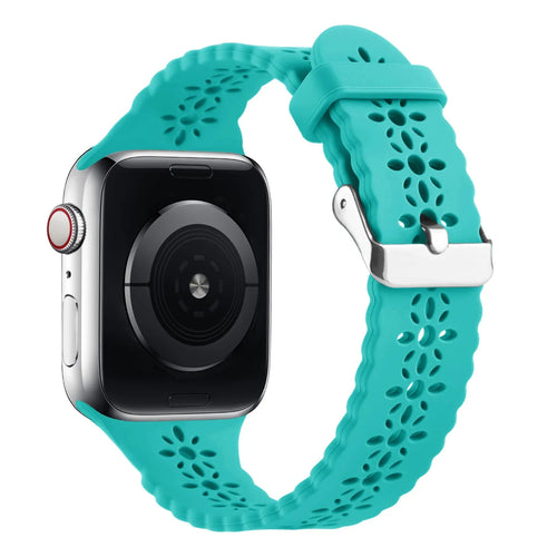Patterned Silicone Strap, turquoise, on a watch, 3/4 rear view