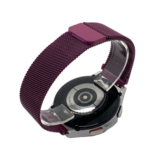 Milanese Strap, purple, on a watch, 3/4 rear view