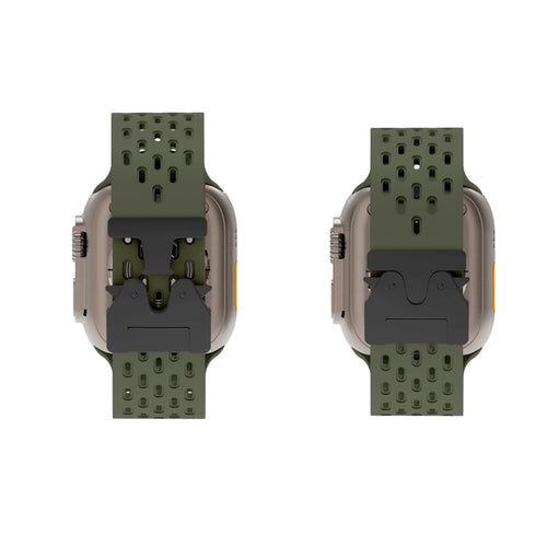 Silicone Strap 'Air' P-Buckle, army green, on a watch, 3/4 rear view