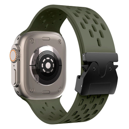 Silicone Strap 'Air' P-Buckle, army green, on a watch, 3/4 rear view