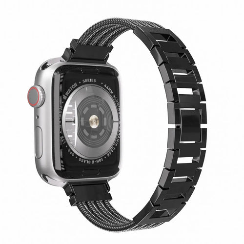 Metal Bracelet Strap, black, on a watch, 3/4 rear view