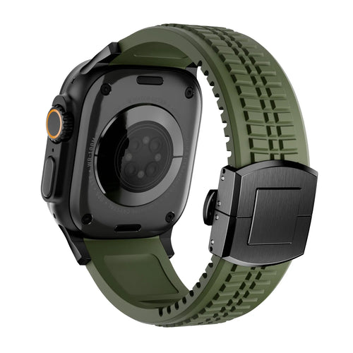 Premium Silicone Strap, army green, on a watch, 3/4 rear view