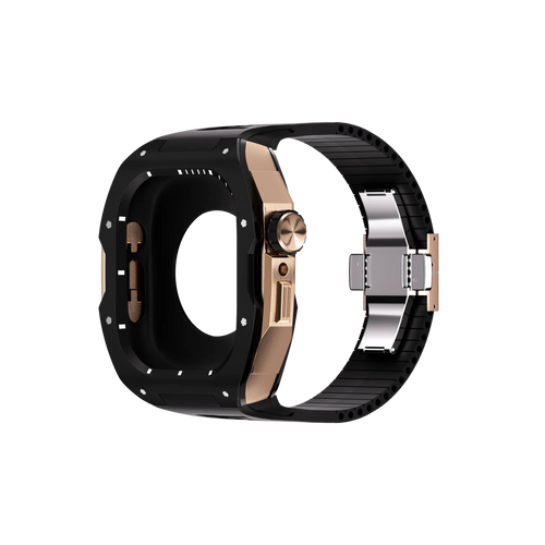 Silicone Case with Rubber Strap, black/rose gold, on a watch, 3/4 rear view