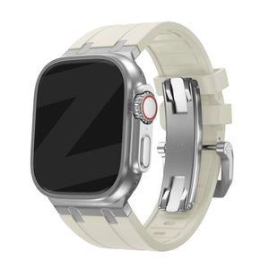 Silicone Strap 'Luxe Liquid', beige with silver, on a watch, 3/4 rear view