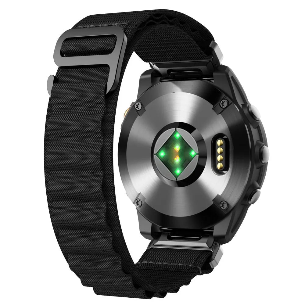 Alpine Nylon Strap, black, on a watch, 3/4 rear view