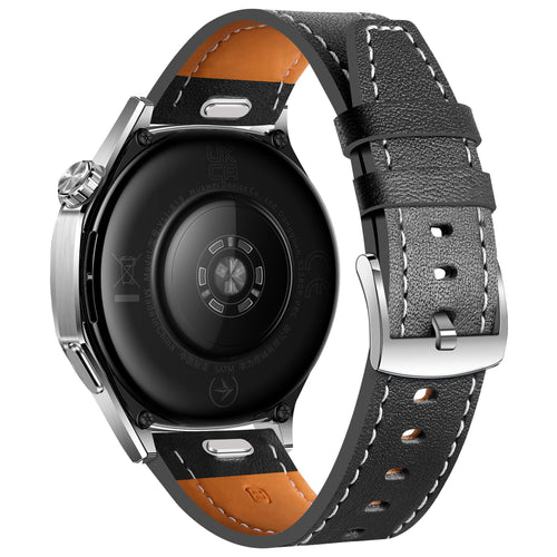 Leather Strap 'One Push', black, on a watch, 3/4 rear view