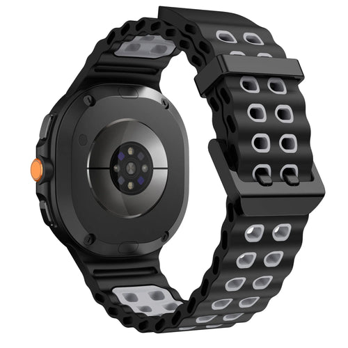 Silicone Ocean Strap, black/grey, on a watch, 3/4 rear view