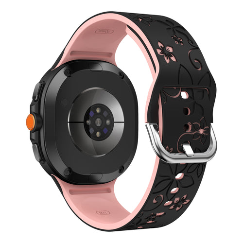 Flower Silicone Strap, black/pink, on a watch, 3/4 rear view