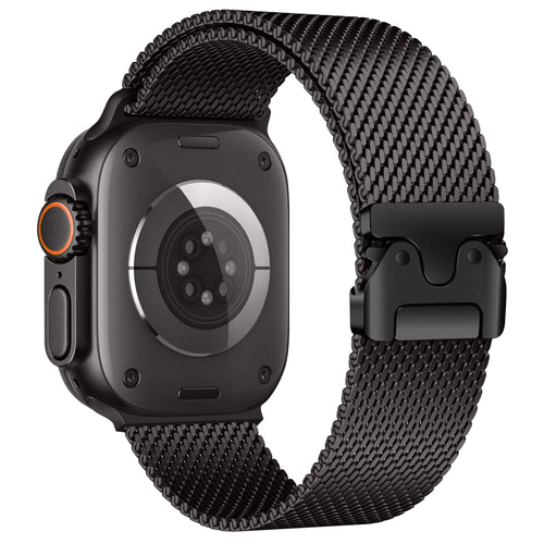 Modern Milanese Strap, black, on a watch, 3/4 rear view