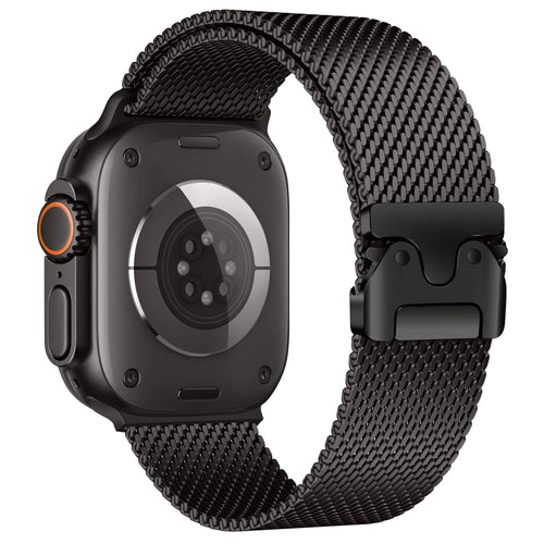 Modern Milanese Strap, black, on a watch, 3/4 rear view