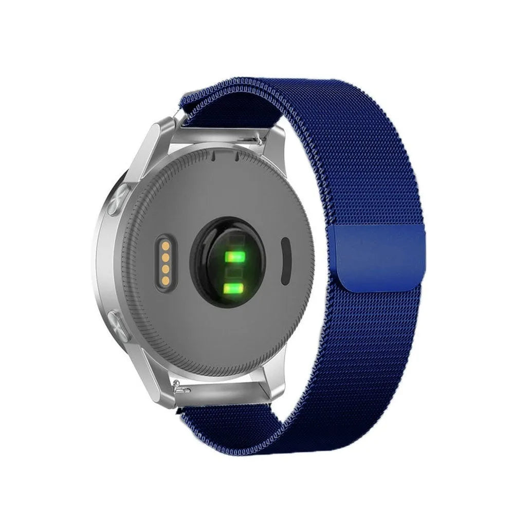 Milanese Strap, blue, on a watch, 3/4 rear view
