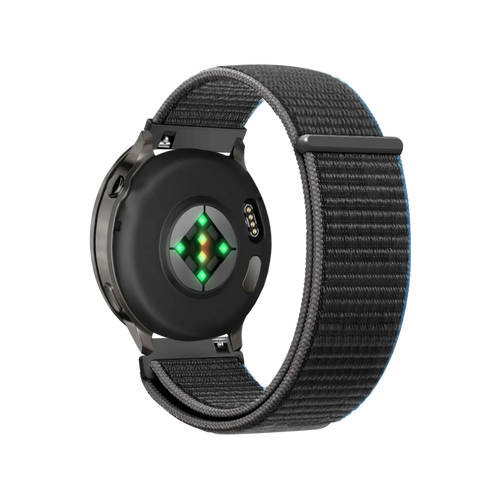 Nylon Loop Strap, charcoal, on a watch, 3/4 rear view