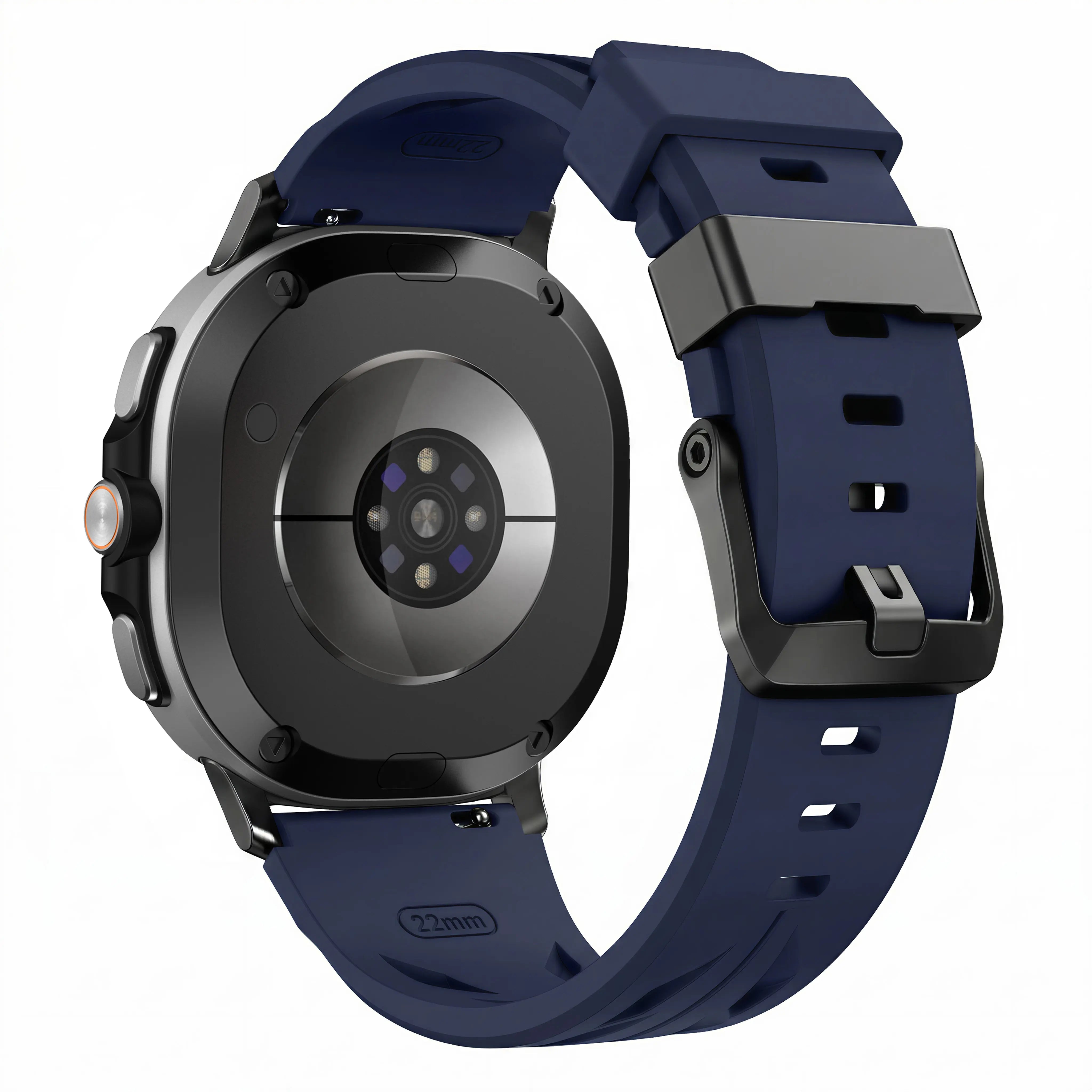 Race Silicone Strap, dark blue, on a watch, 3/4 rear view