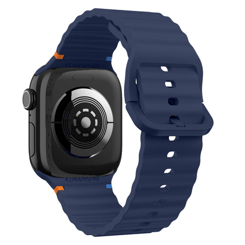 Wave Silicone Strap, dark blue, on a watch, 3/4 rear view