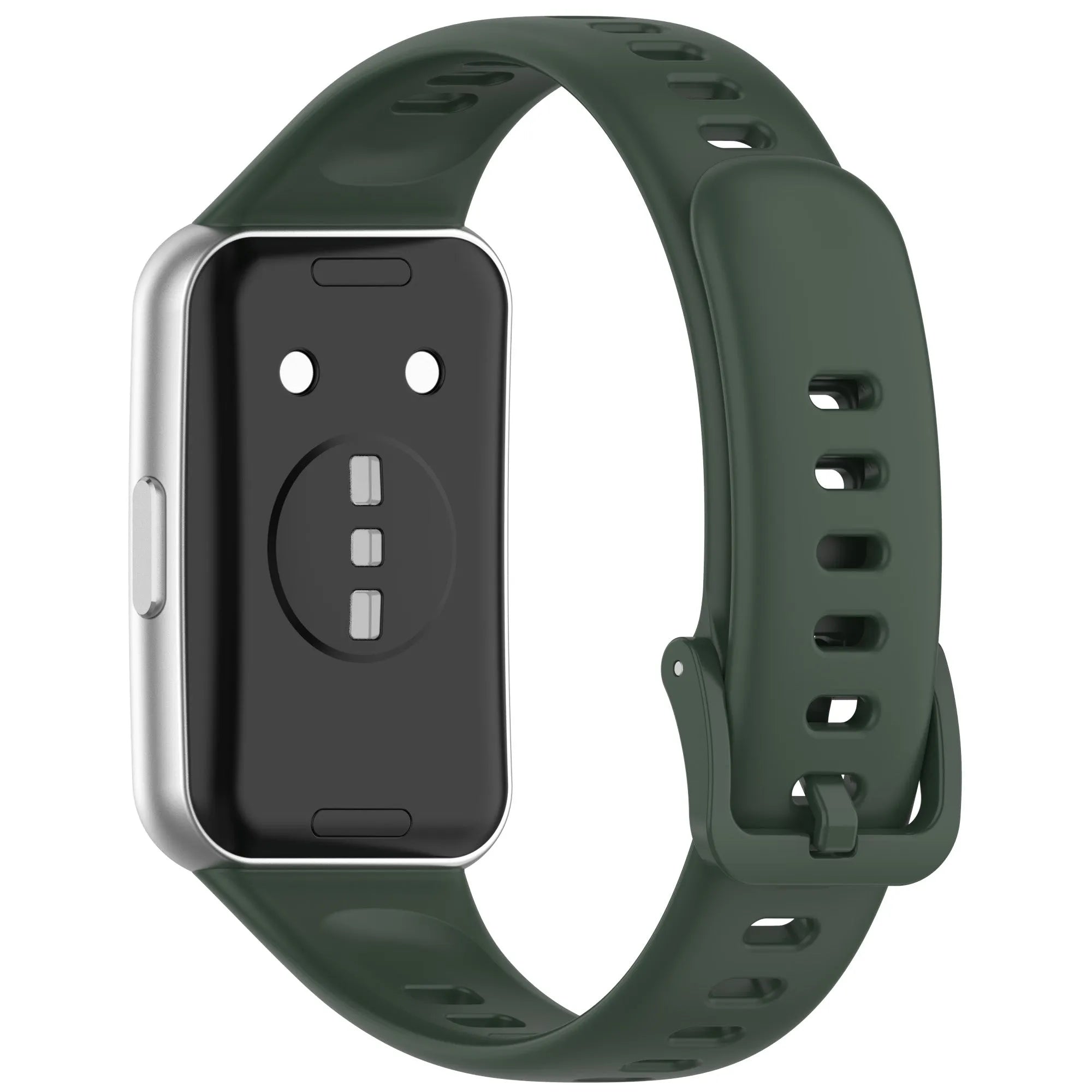 Silicone Strap, dark green, on a watch, 3/4 rear view