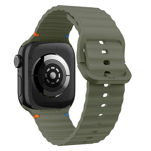 Wave Silicone Strap, dark green, on a watch, 3/4 rear view