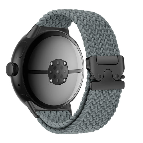 Nylon Braided Strap P-Buckle, grey-blue, on a watch, 3/4 rear view