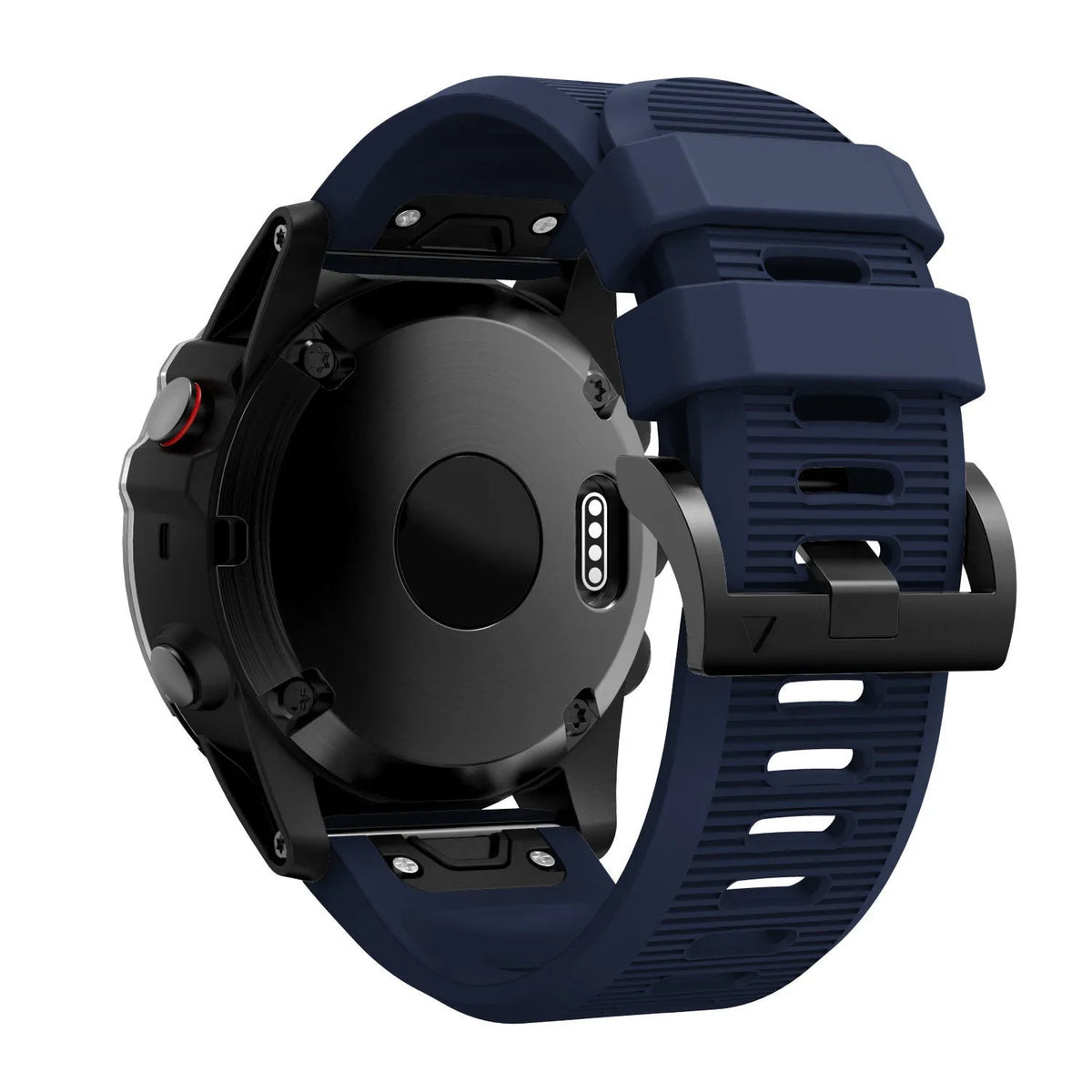 Silicone Strap, dark blue, on a watch, 3/4 rear view