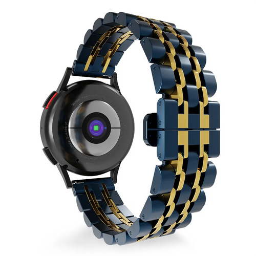 Steel Link Strap 'Duo', blue/gold, on a watch, 3/4 rear view