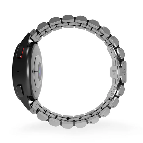 Steel Link Strap 'Duo', silver/black, on a watch, 3/4 rear view