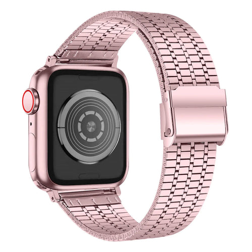 Fine Steel Strap, pink, on a watch, 3/4 rear view