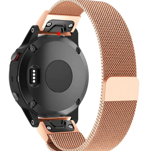 Milanese Strap, rose gold, on a watch, 3/4 rear view