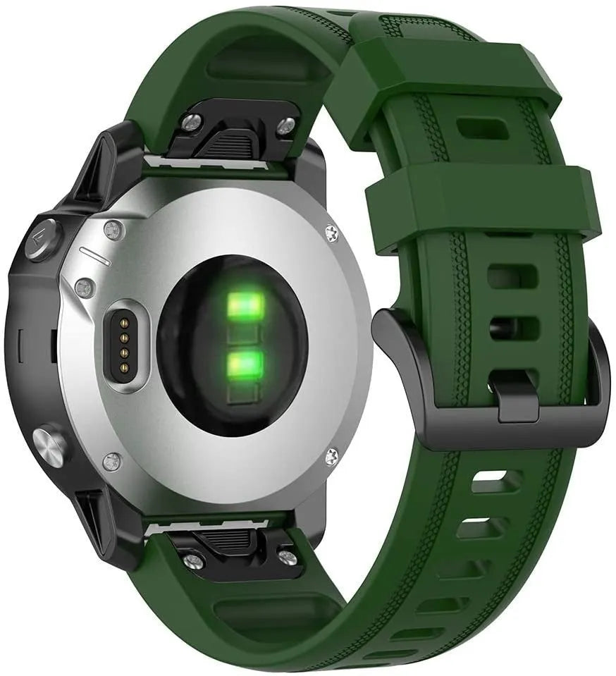 Silicone Strap, army green, on a watch, 3/4 rear view