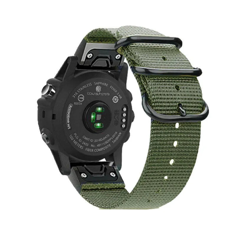 Nylon Buckle Strap, green, on a watch, 3/4 rear view
