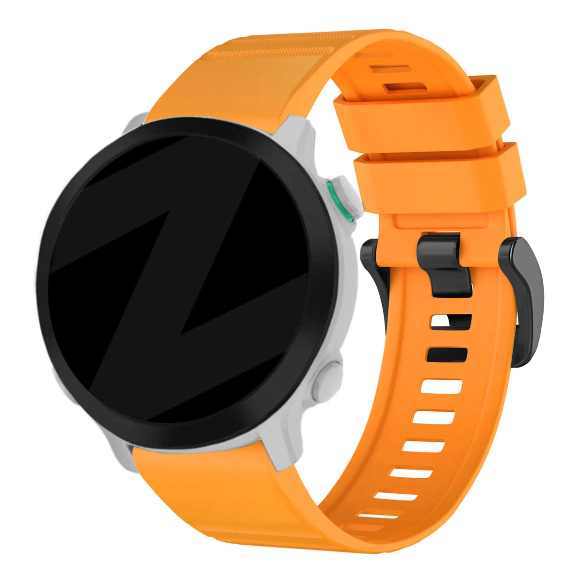 Buckled Silicone Strap, orange, on a watch, 3/4 rear view