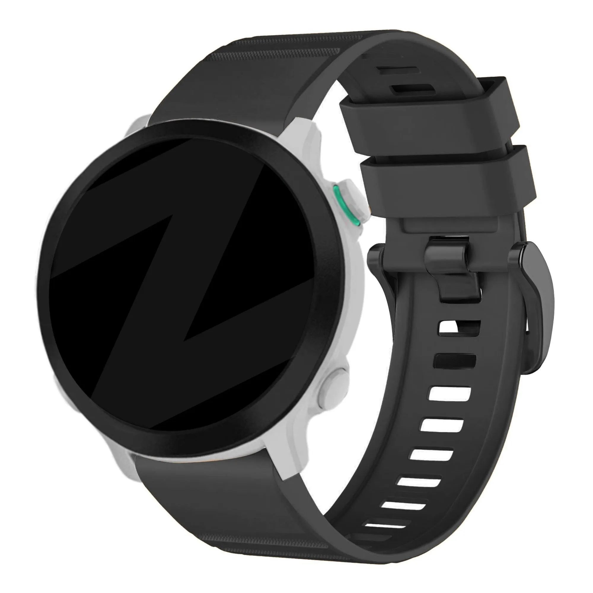 Buckled Silicone Strap, black, on a watch, 3/4 rear view