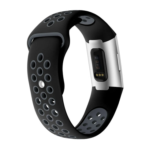 Silicone Sport Strap, black/grey, on a watch, 3/4 rear view