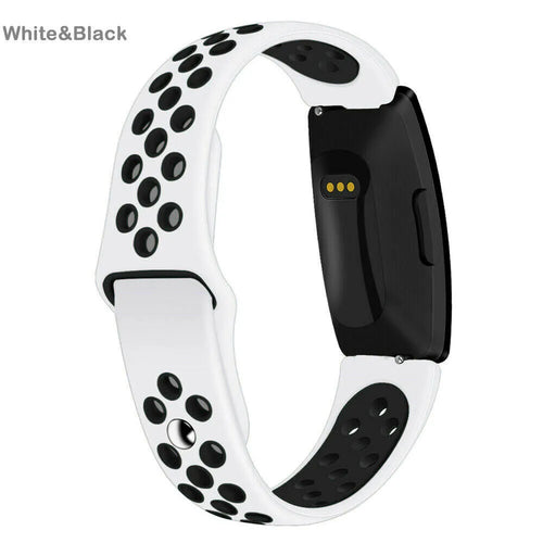 Silicone Sport Strap, white/black, on a watch, 3/4 rear view